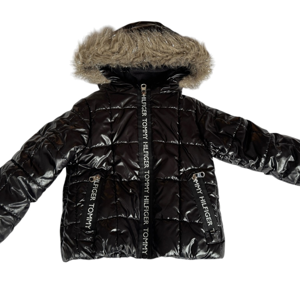 Tommy Hilfiger Shiny Black Quilted Puffer Jacket with Faux Fur Trim Kids 3T